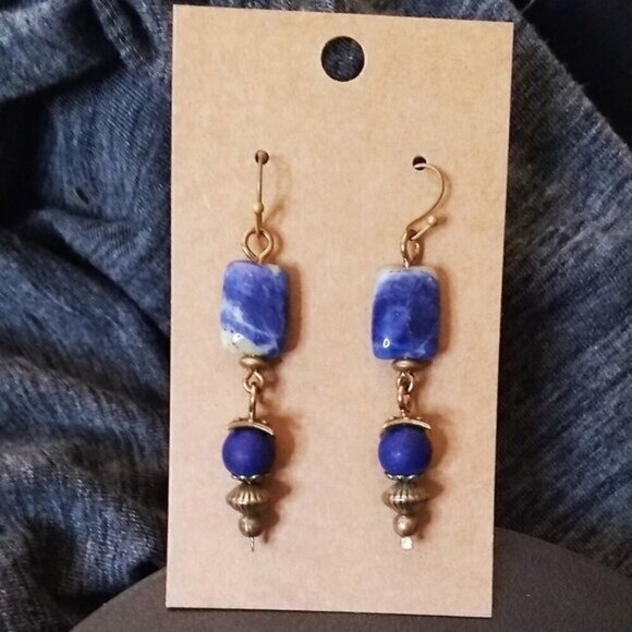 Blue Sodalite + Lapis Lazuli + Bronze ~ Handmade & One-of-a-kind Dangle Earrings - Picture 3 of 10